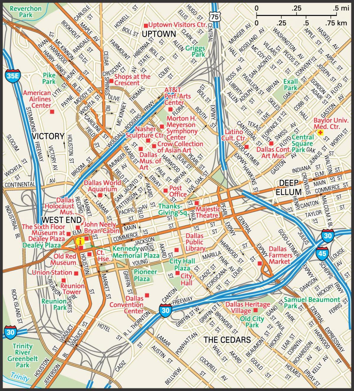 žemėlapis downtown Dallas gatvėse