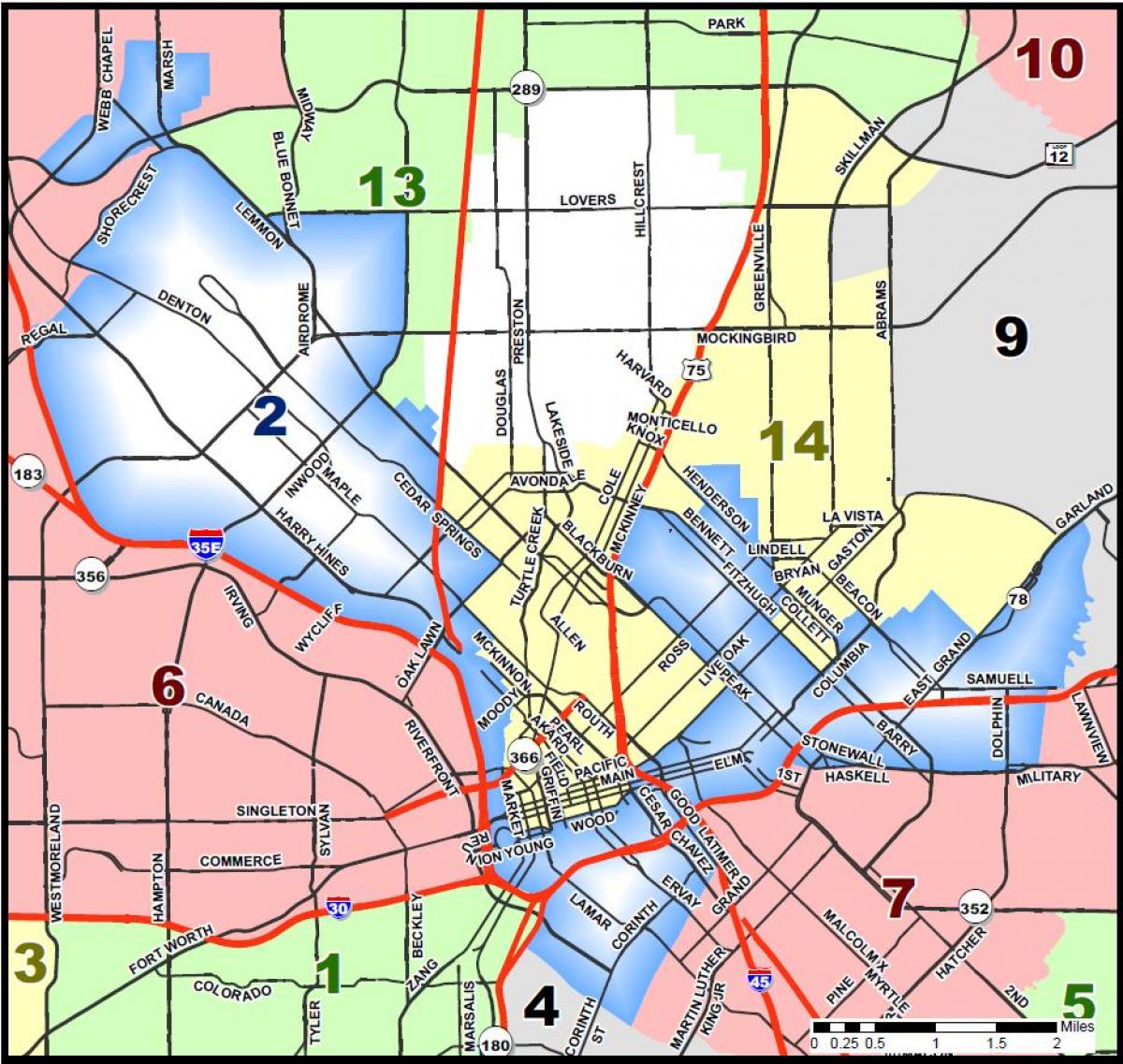 miesto Dalasas zonų žemėlapį